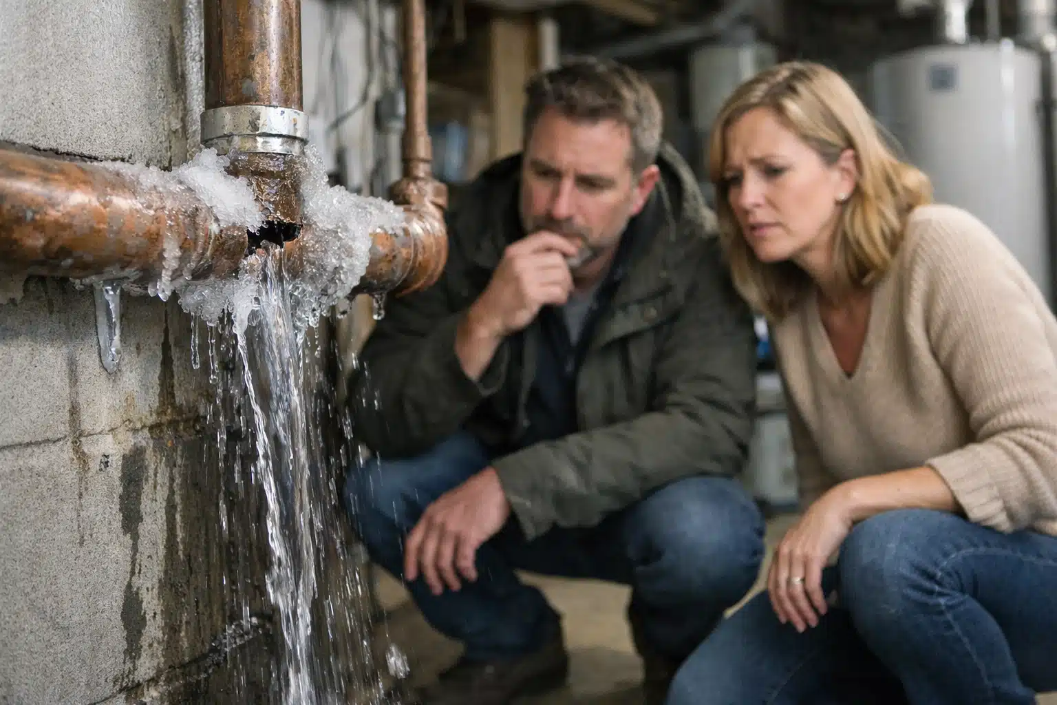 Couple inspectant une fuite d'eau sur tuyau abîmé
