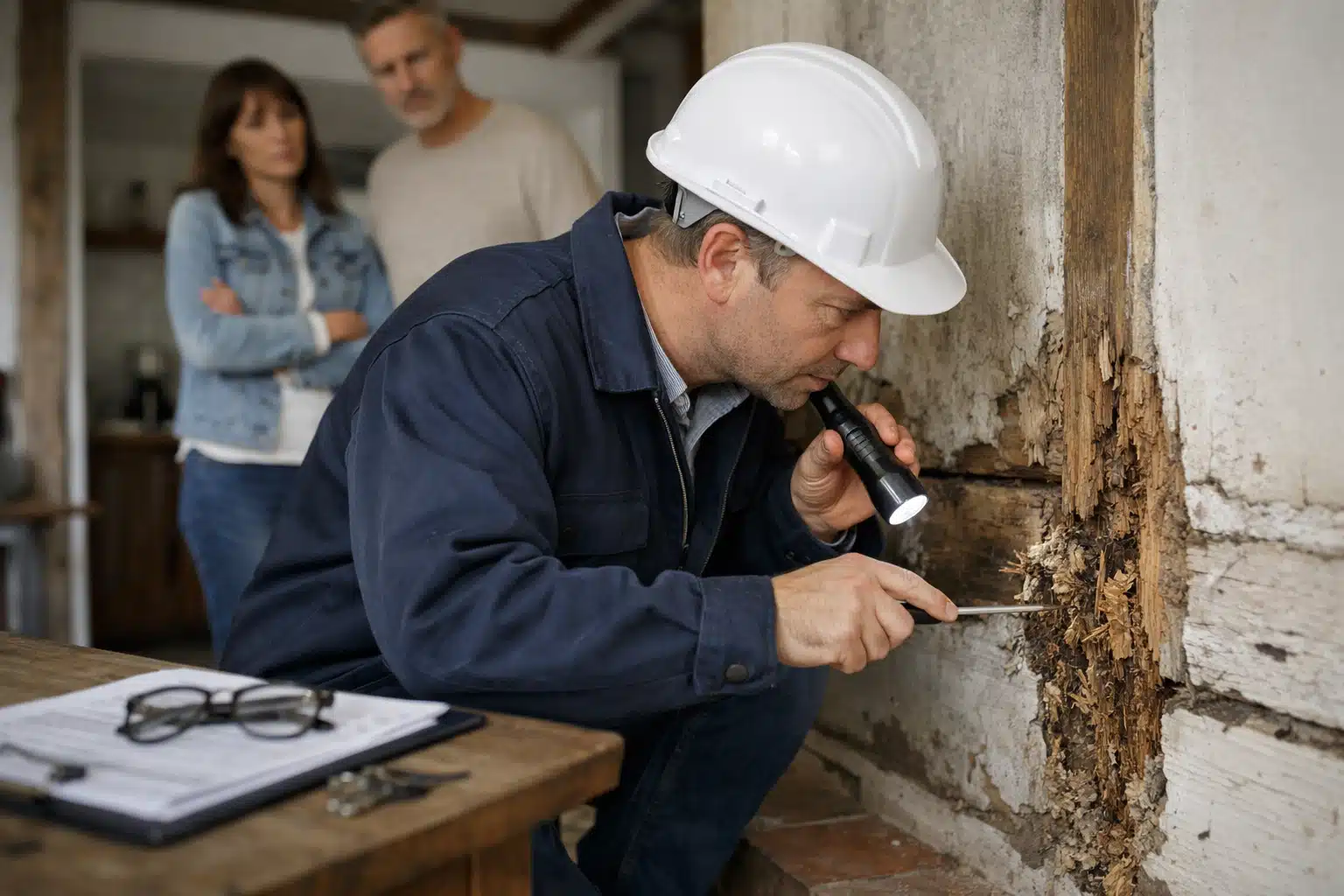 Technicien en casque inspectant mur humide avec lampe