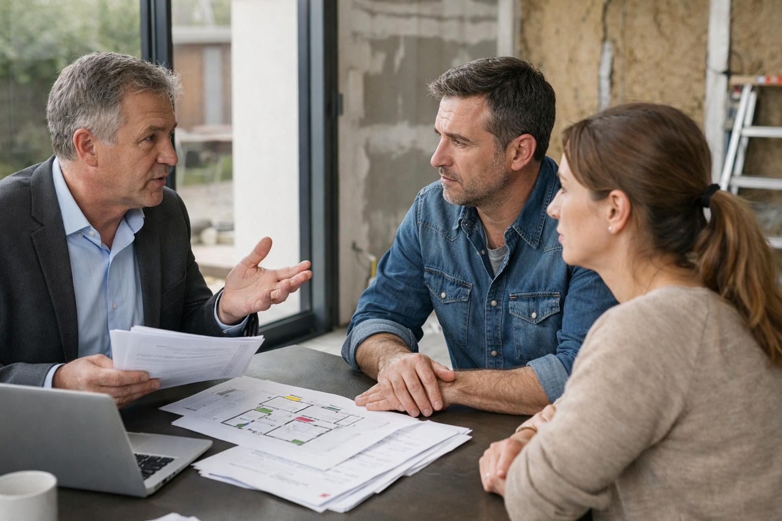 Homme expliquant plans à un couple près d'une fenêtre