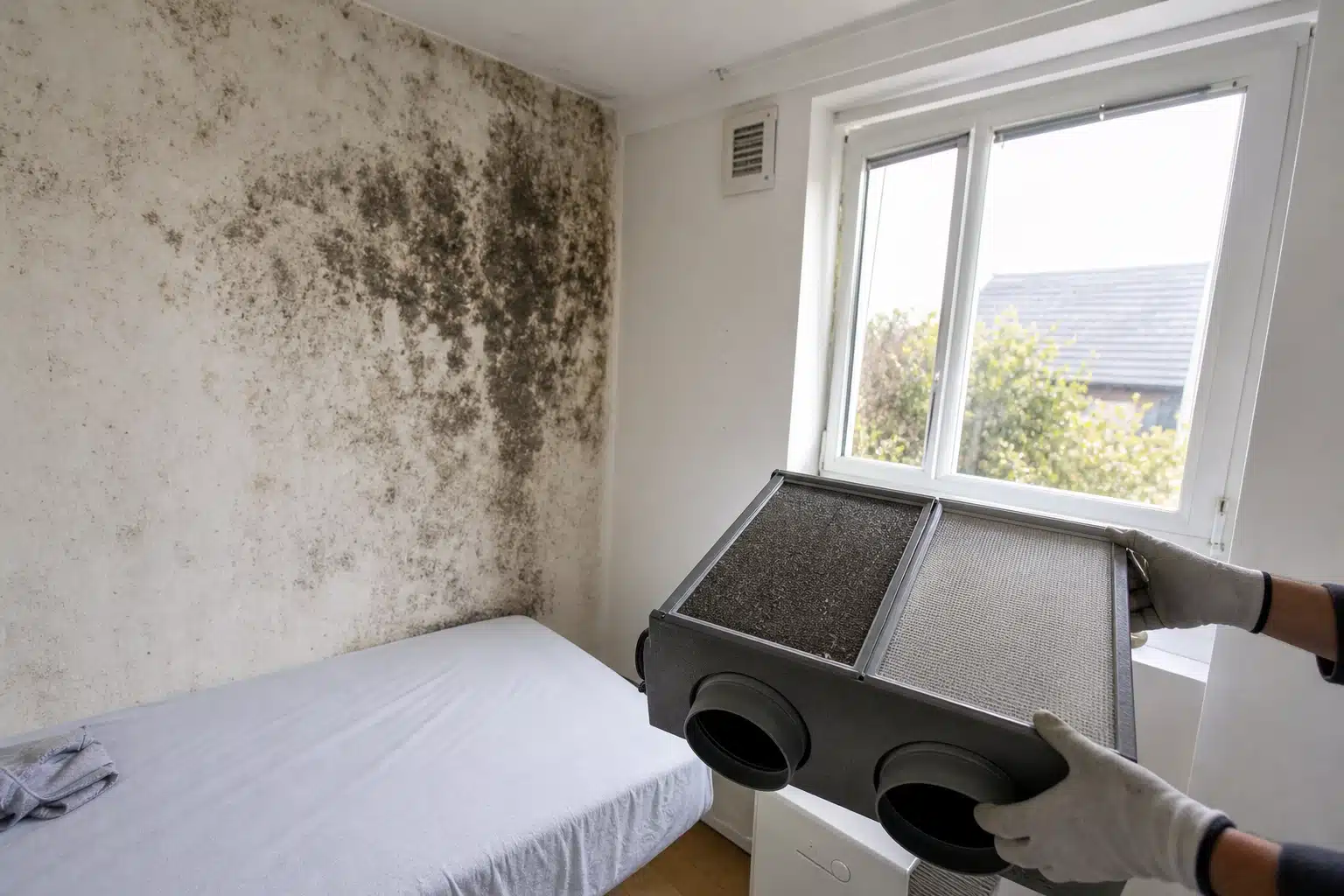 Mur infesté de moisissure noire au-dessus du lit
