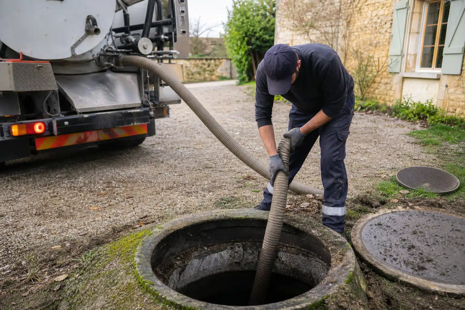 Technicien vidangeant une fosse septique